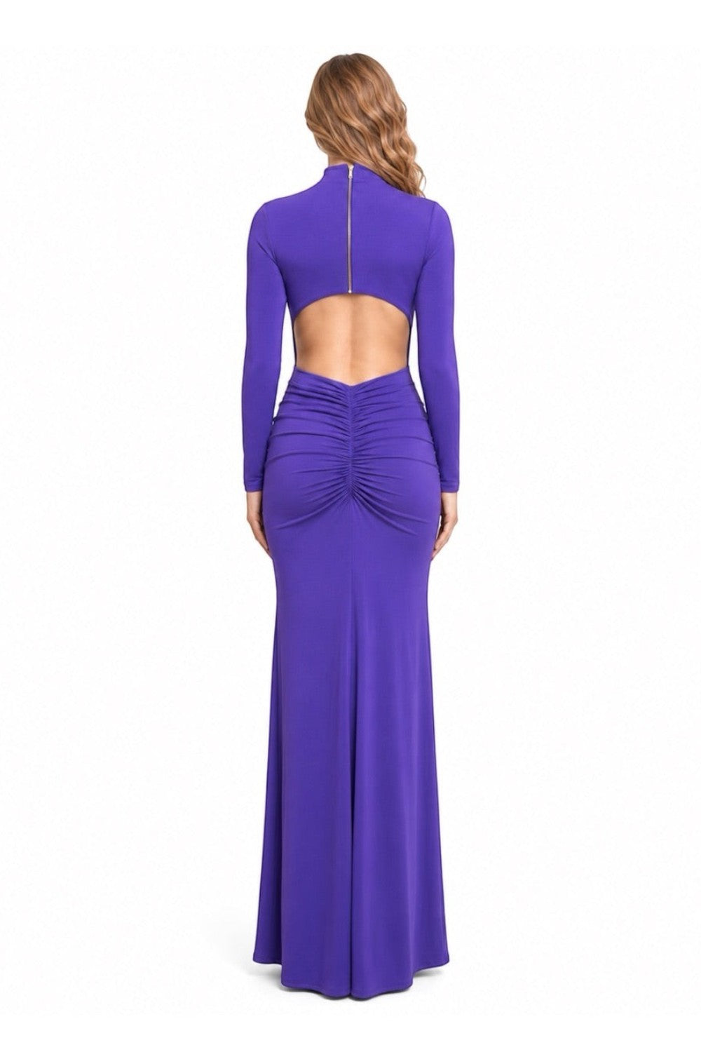 Pink shop by maf violet jersey maxi dress with high neck, long sleeves, open back, and ruched mermaid skirt