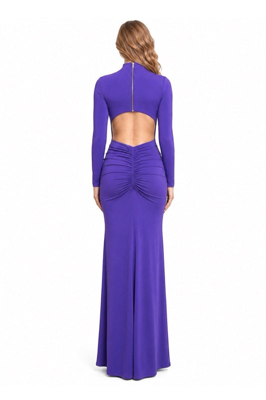 Pink shop by maf violet jersey maxi dress with high neck, long sleeves, open back, and ruched mermaid skirt