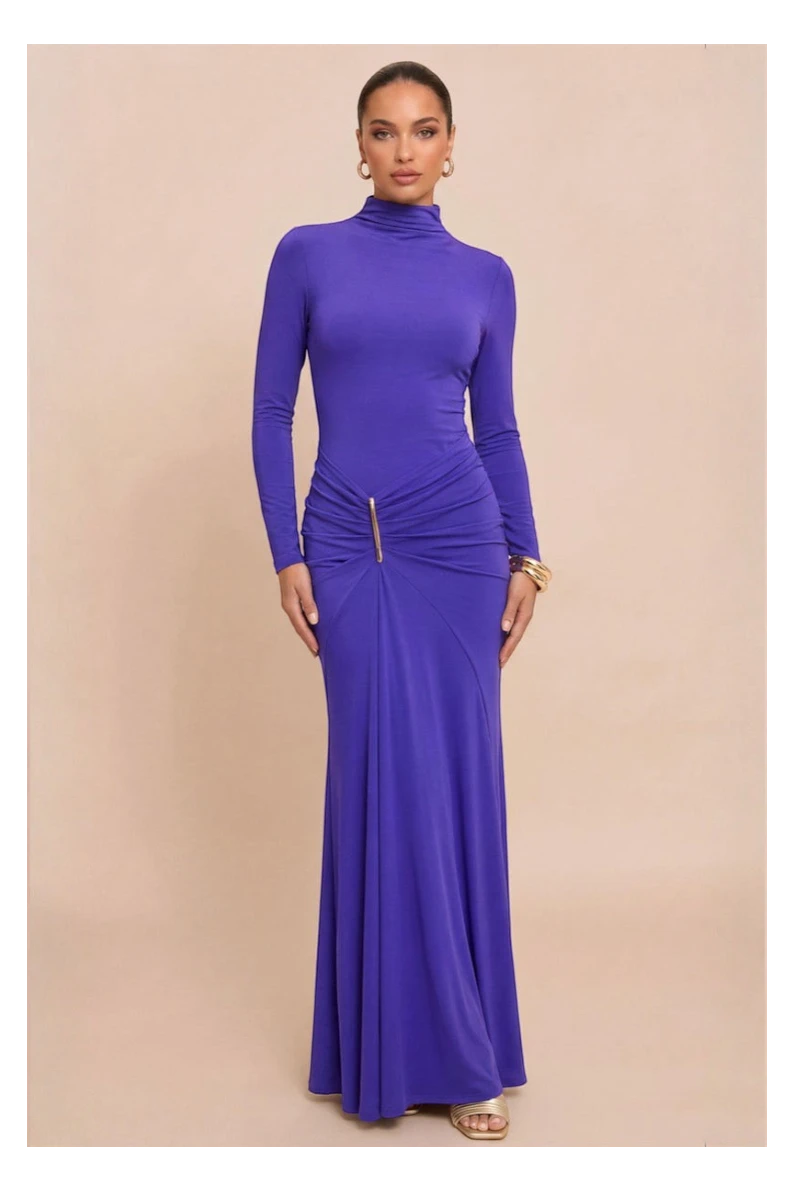 Pink shop by maf violet jersey maxi dress with high neck, long sleeves, hip ruching, and gold hardware detail.