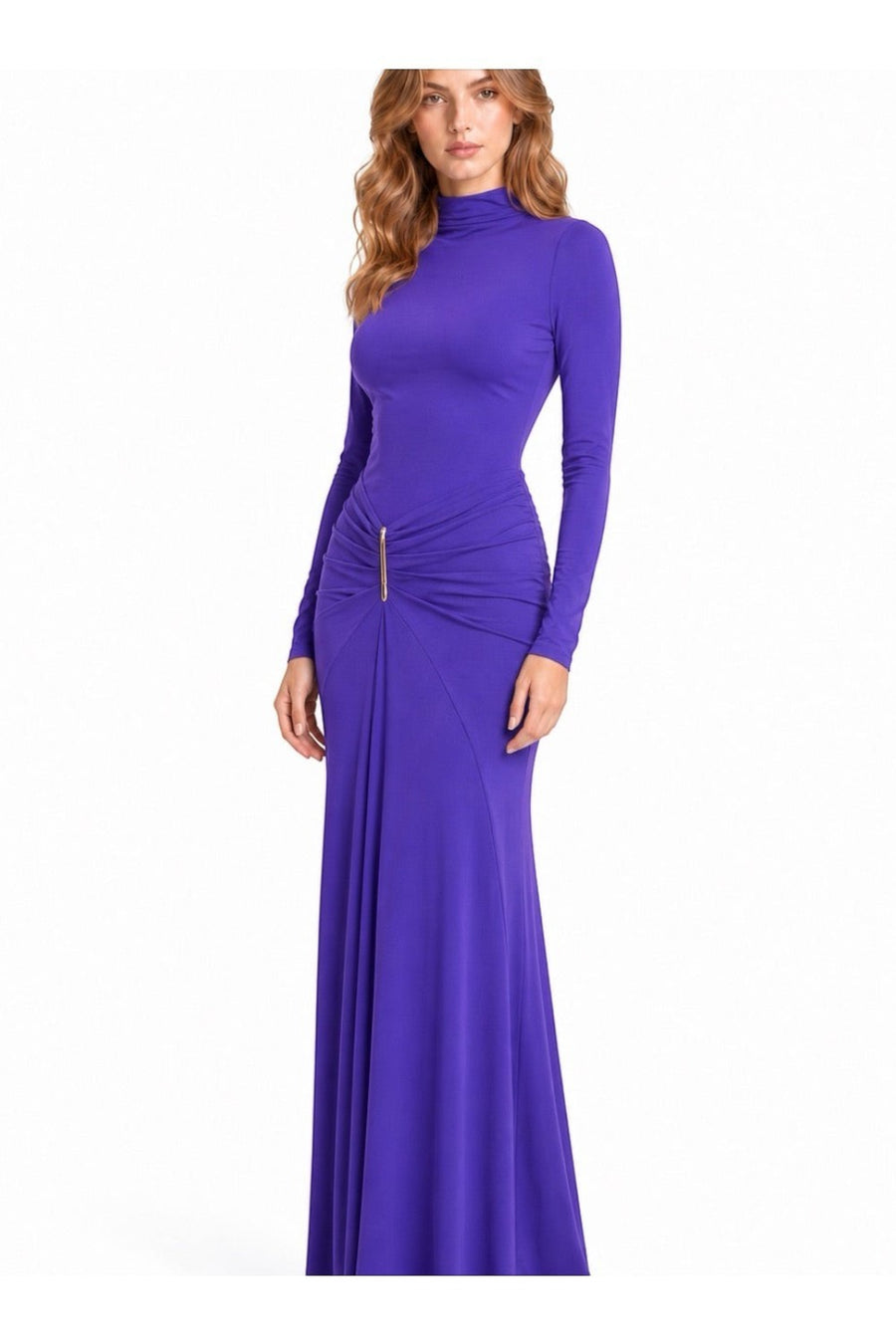Pink shop by maf violet jersey maxi dress with high neck, long sleeves, and gold hardware detail at the hip.