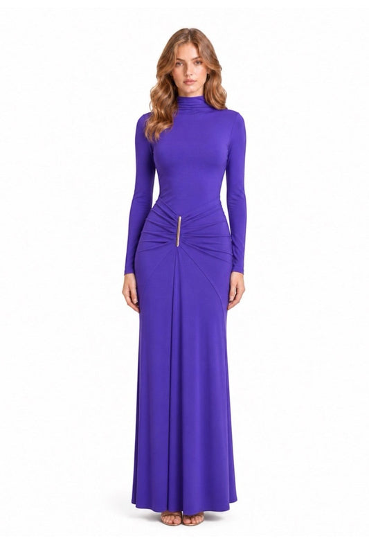 Pink shop by maf violet jersey maxi dress with high neck, long sleeves, and gold hardware detail at the hip