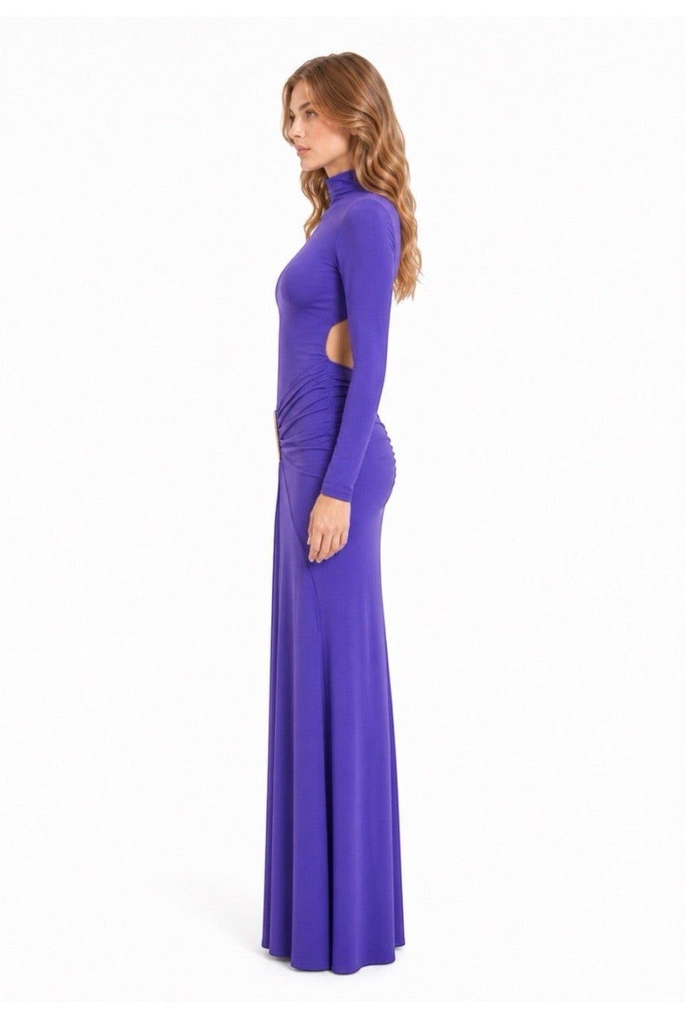 Pink shop by maf violet jersey maxi dress with high neck, long sleeves, side cutouts, and gold hip hardware detail