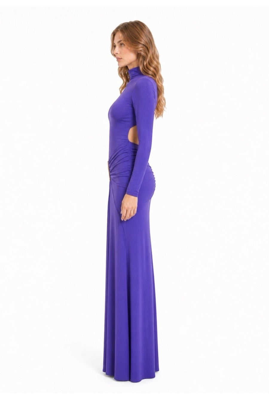 Pink shop by maf violet jersey maxi dress with high neck, long sleeves, side cutouts, and gold hip hardware detail