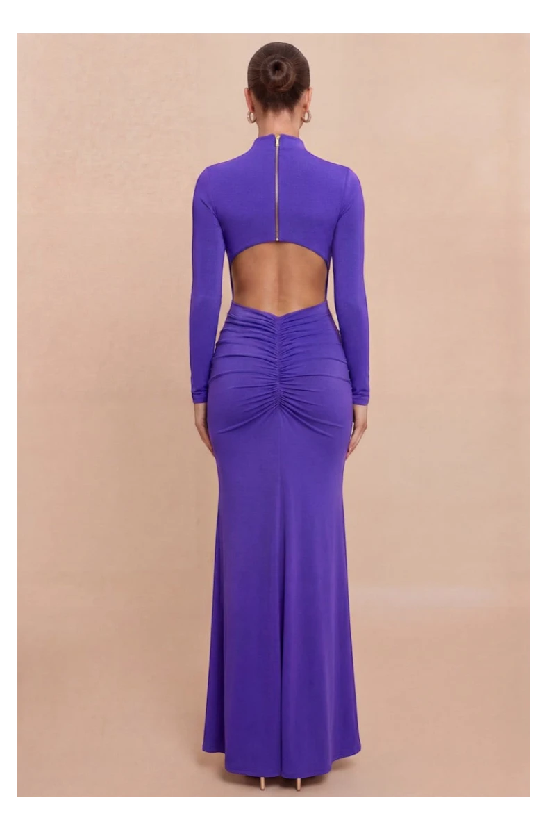 Pink shop by maf violet jersey maxi dress with high neck, long sleeves, open back, and ruched mermaid skirt