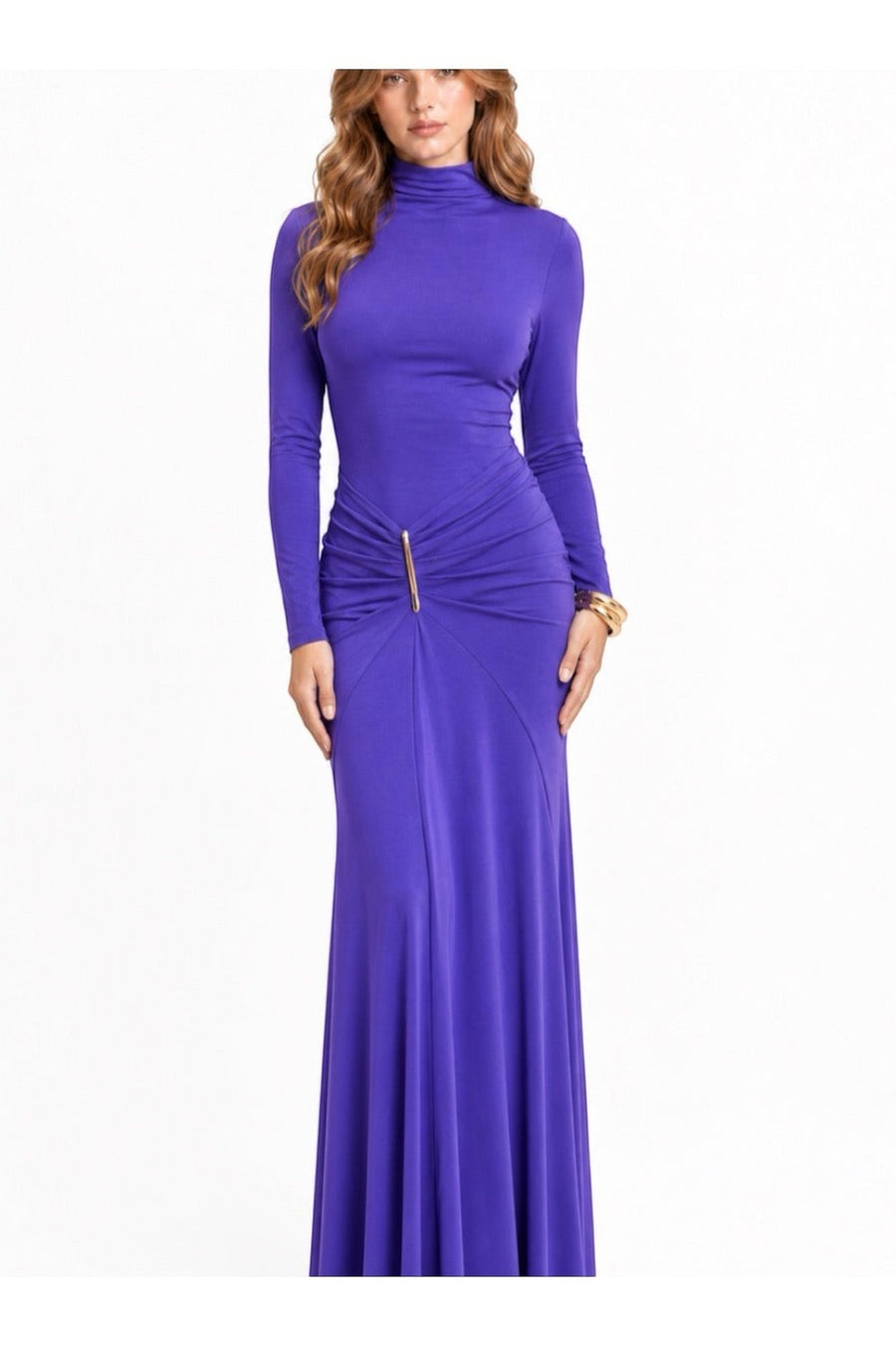 Pink shop by maf violet jersey maxi dress with high neck, long sleeves, ruched hip detail, and gold hardware accent.