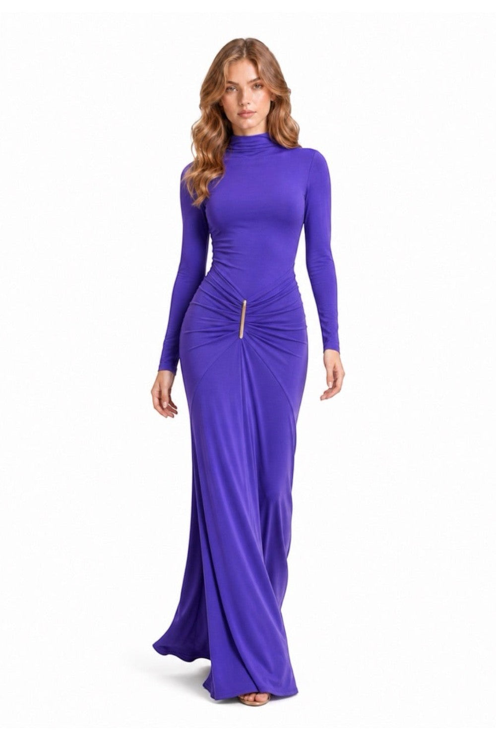 Pink shop by maf violet long-sleeve jersey maxi dress with high neck, ruched hip detail, and gold hardware accent.