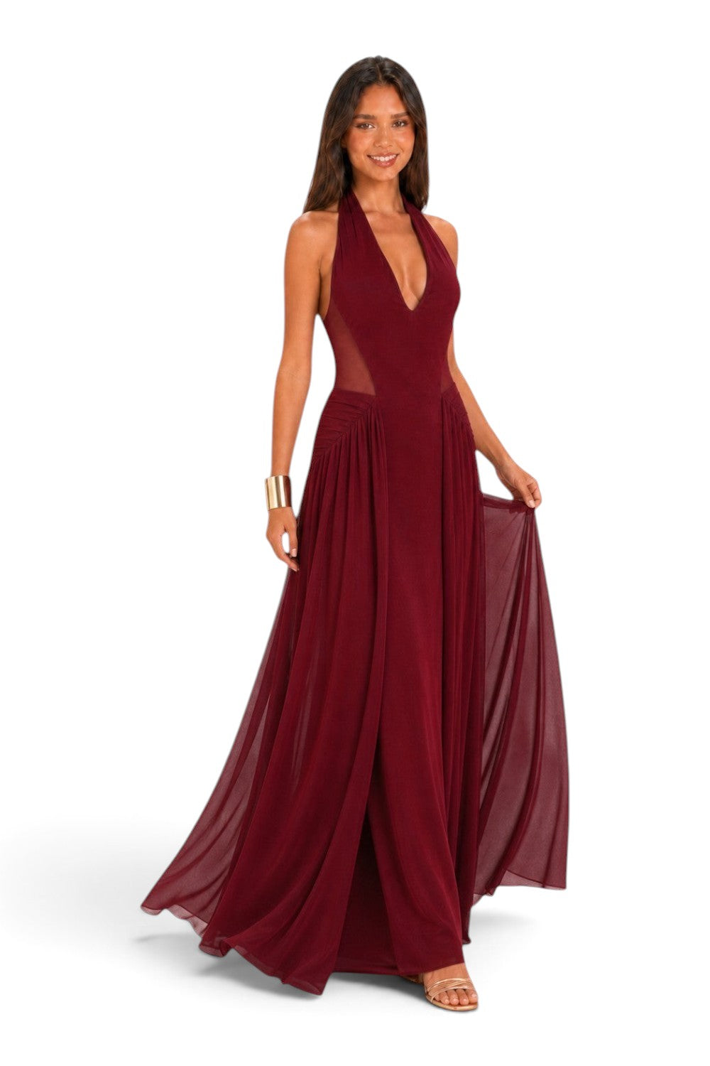 Pink shop by maf wine-colored maxi dress with halter neckline, mesh side panels, and flowing skirt on a model