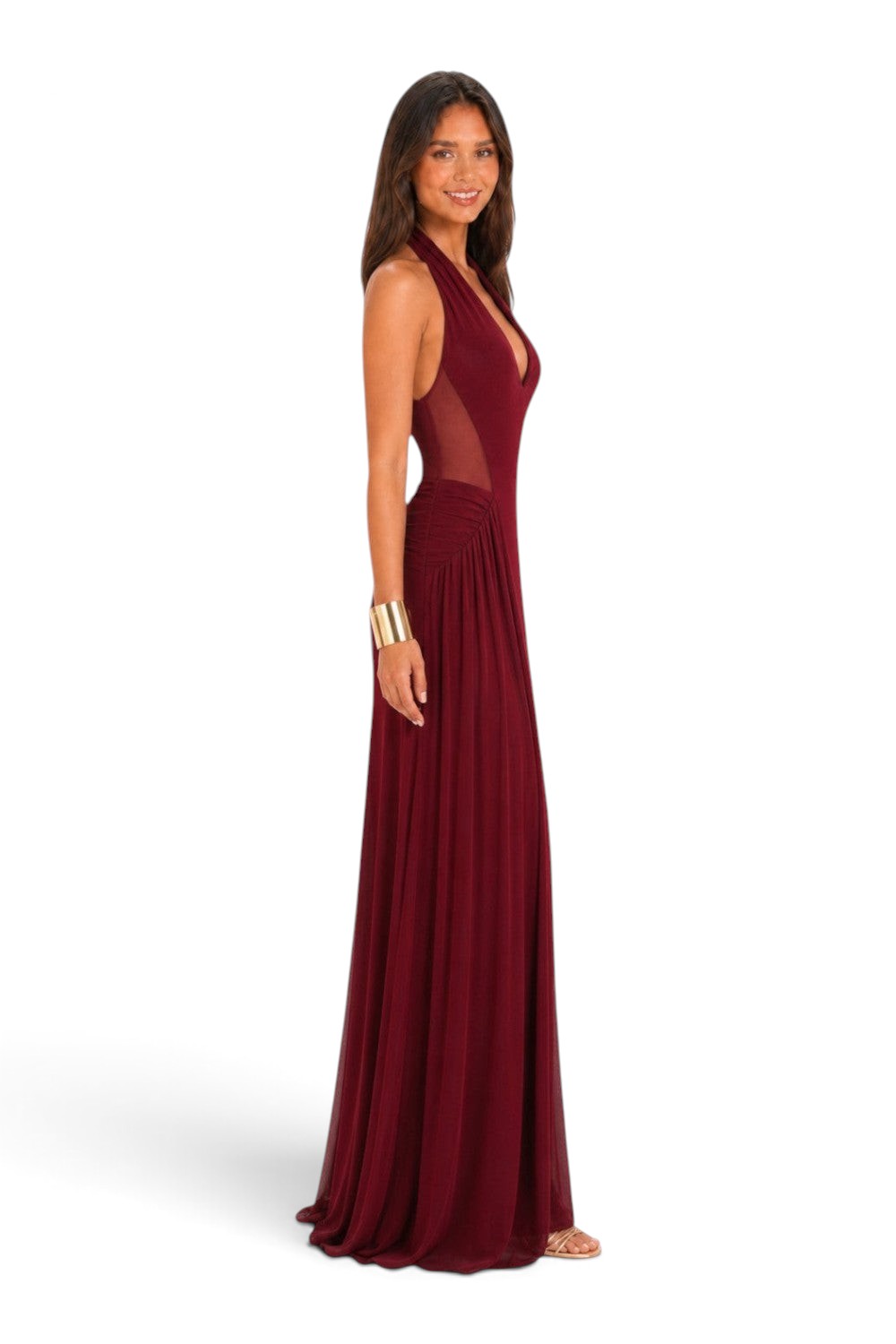 Pink shop by maf wine-colored maxi dress with halter neckline, side mesh panels, and flowing skirt on a model.