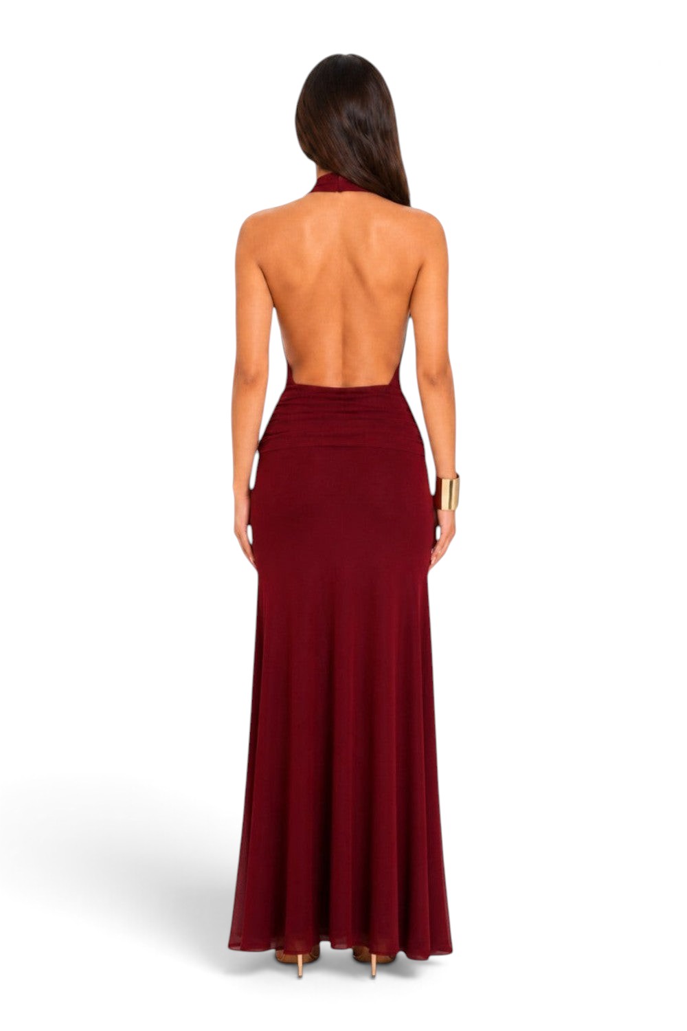 Back view of a Pink shop by maf wine-colored maxi dress with a halter neckline and open back design.