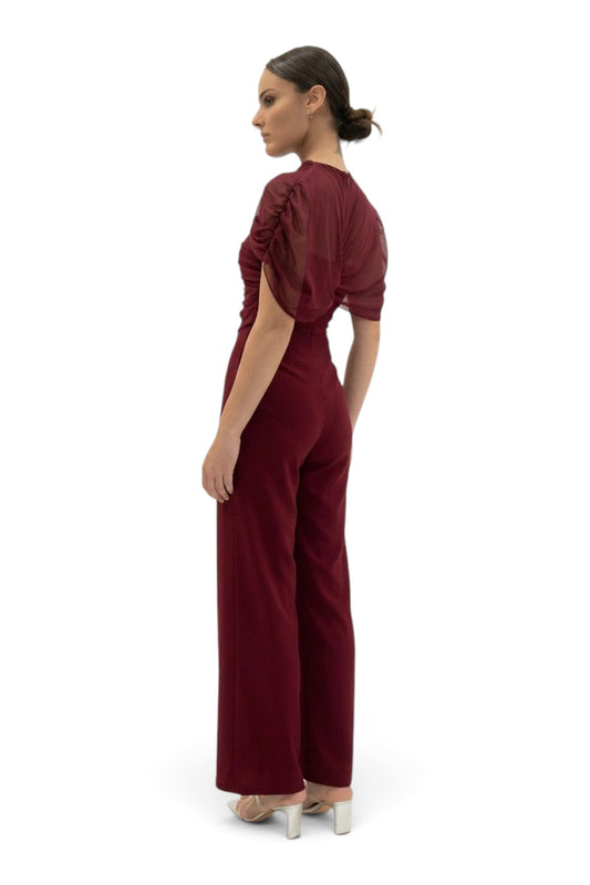 Pink shop by maf wine red jumpsuit with sheer mesh draped bodice, high neck, gathered sleeves, and straight trousers.