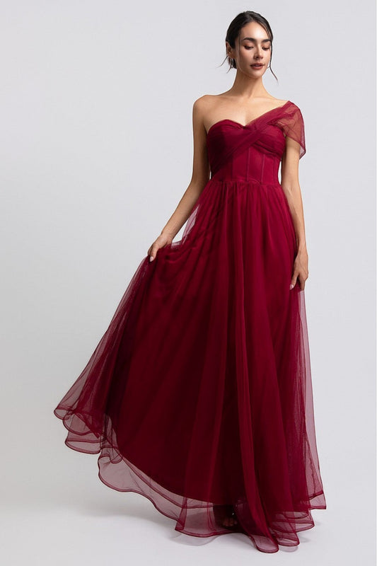 Pink shop by maf wine red one-shoulder tulle maxi dress with corset-style bodice and back tie closure