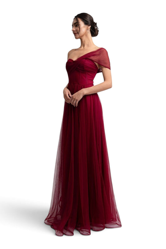 Pink shop by maf wine red one-shoulder tulle maxi dress with a sheer strap and back tie detail on a model