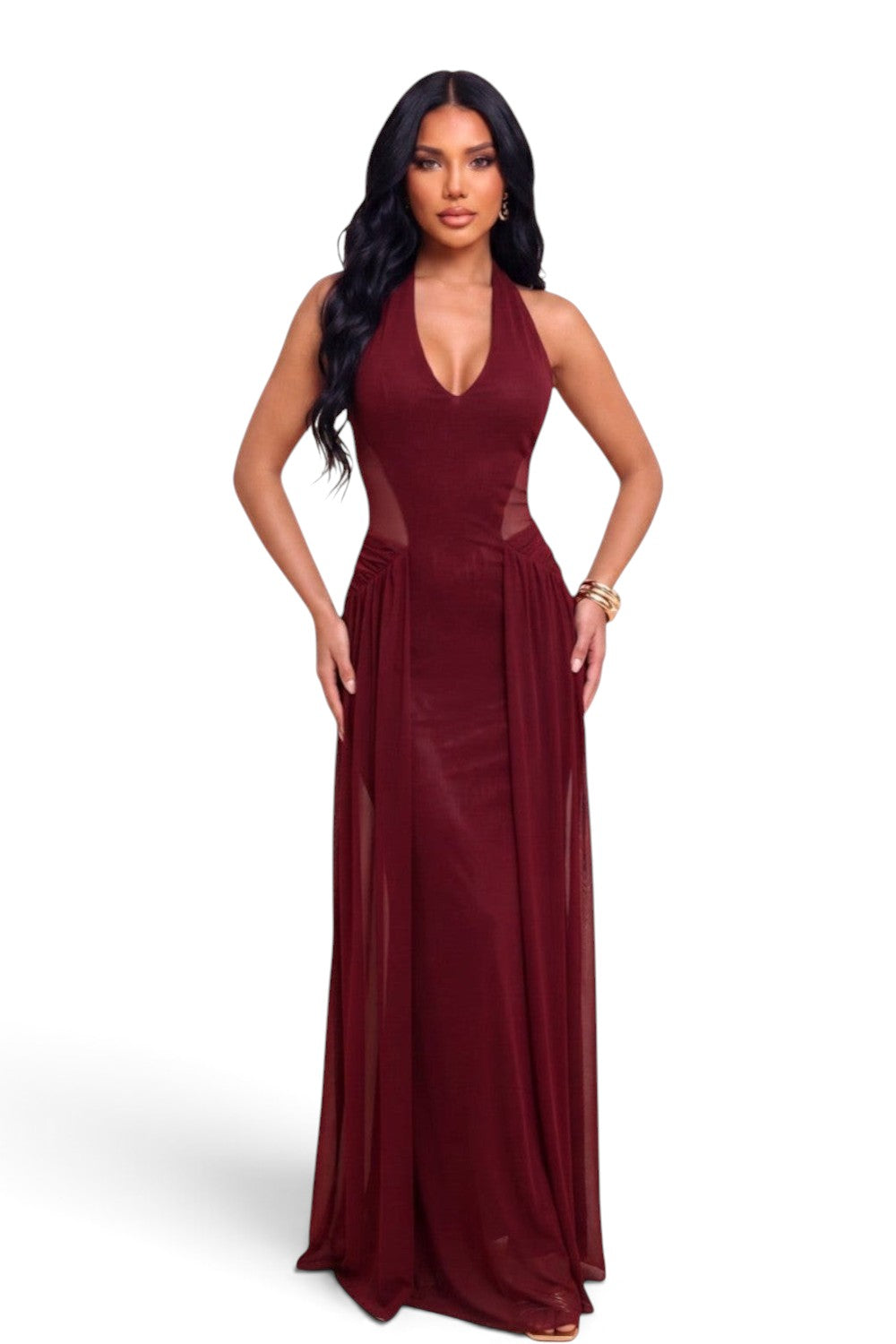 Pink shop by maf wine red maxi dress with halter neckline, sheer mesh side panels, and flowing skirt overlay.