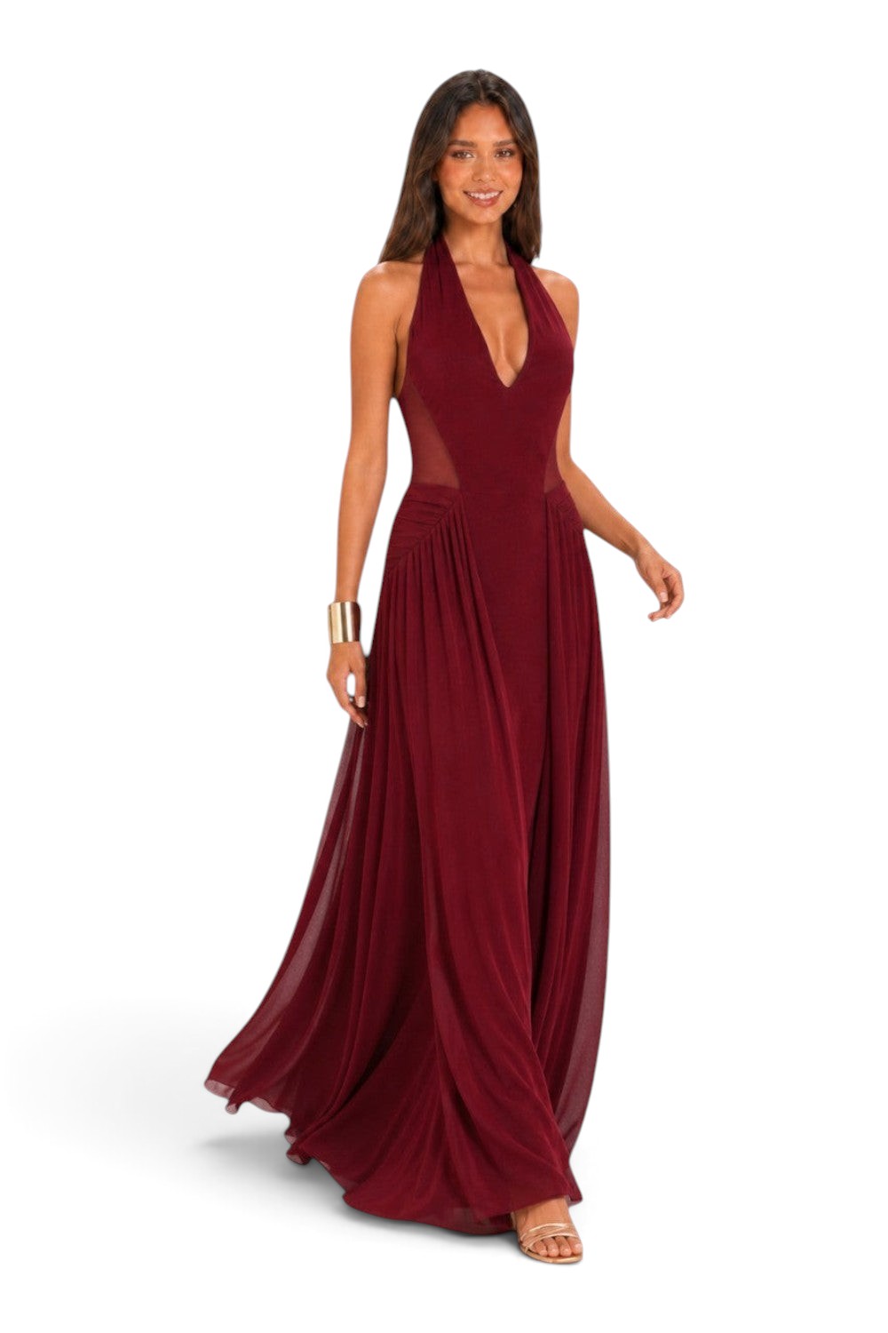 Pink shop by maf wine red maxi dress with halter neckline, side mesh panels, and flowing skirt on a model