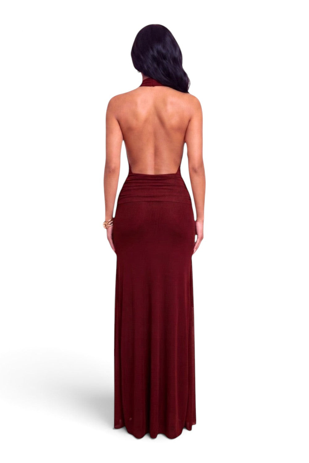 Pink shop by maf wine red maxi dress with halter neck and open back design, shown from the back view.