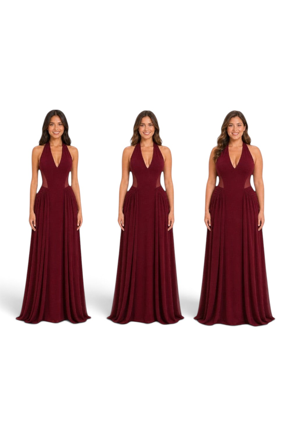 Pink shop by maf wine red maxi dress with halter neckline, deep V-neck, and sheer mesh side waist panels.