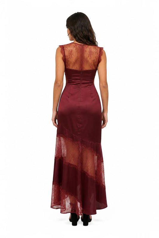 Pink shop by maf wine satin maxi dress with lace panels, high neck, and asymmetrical ruffled hem, back view.
