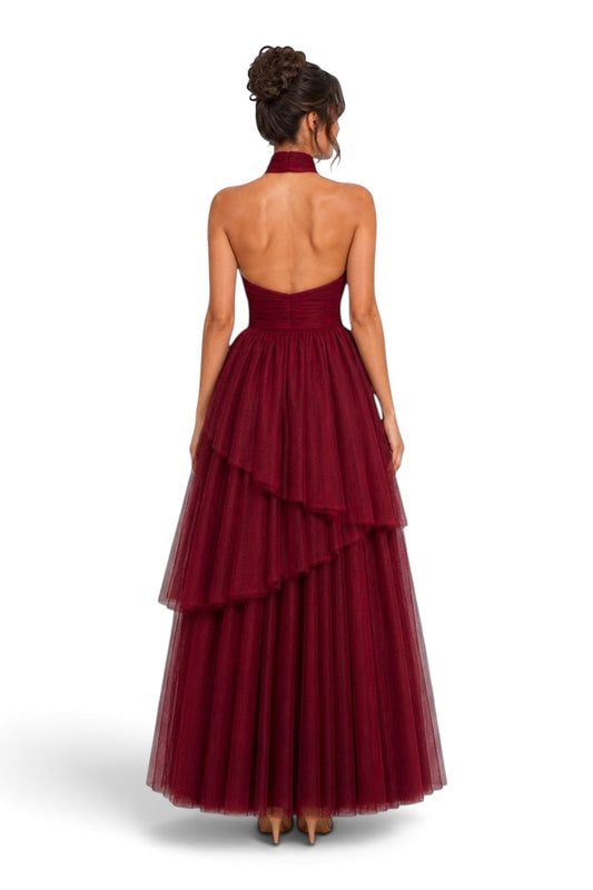 Pink shop by maf wine red tulle halter gown with tiered asymmetrical skirt and open back view