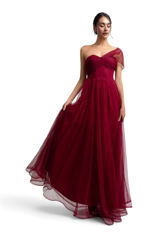 Pink shop by maf wine red one-shoulder tulle maxi dress with corset bodice and back tie closure
