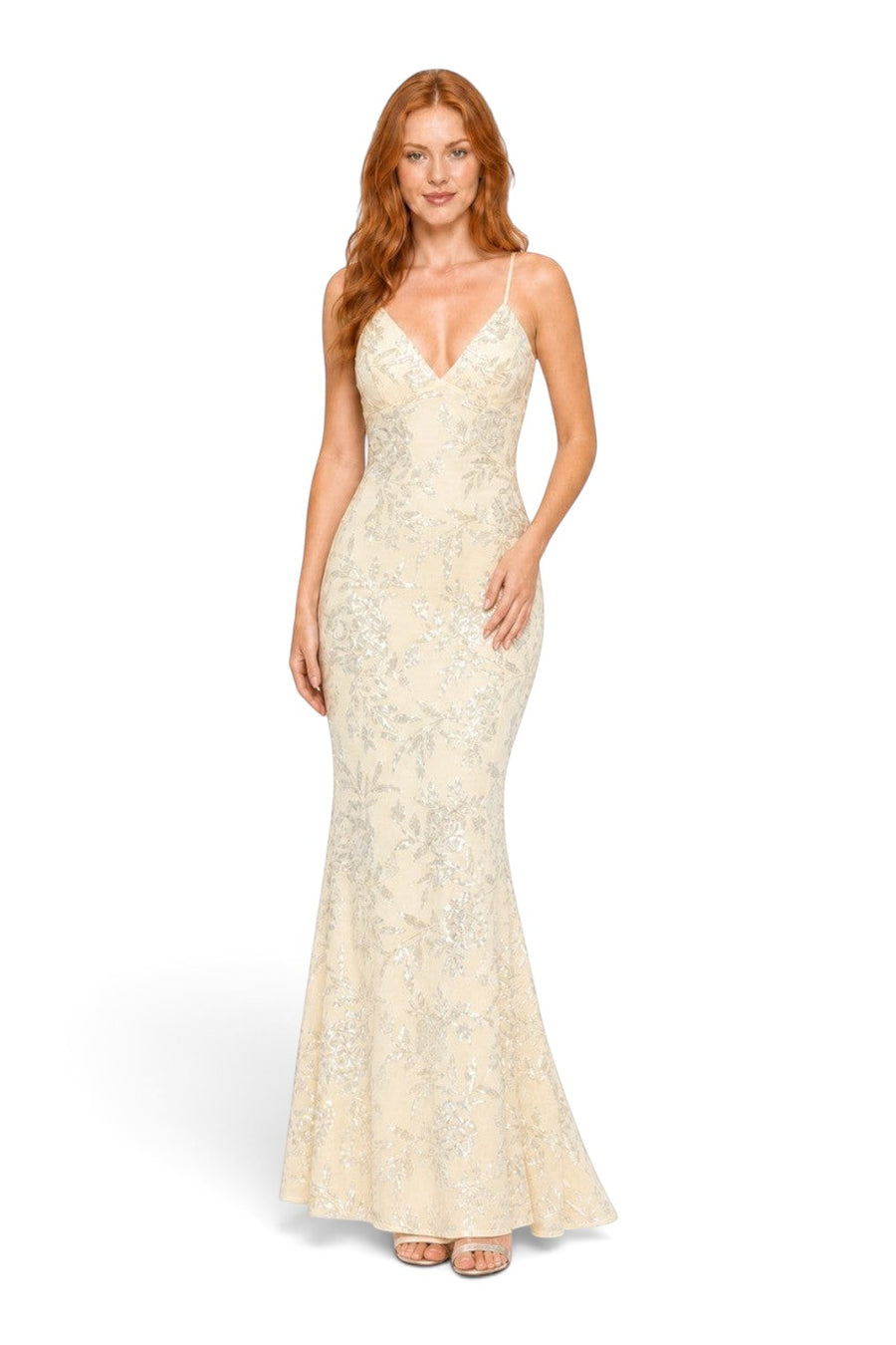 Pink shop by maf butter yellow floral sequin mermaid gown with thin straps worn by a model