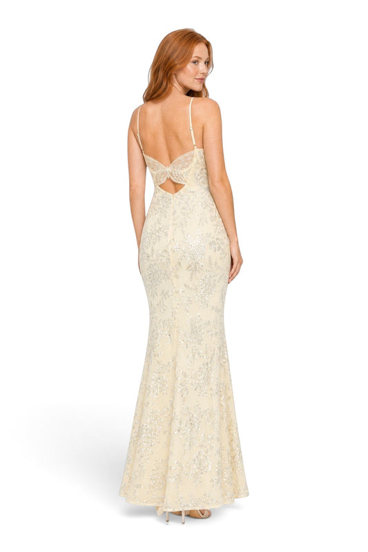Pink shop by maf butter yellow mermaid gown with floral sequins, thin straps, and a butterfly cutout back detail.