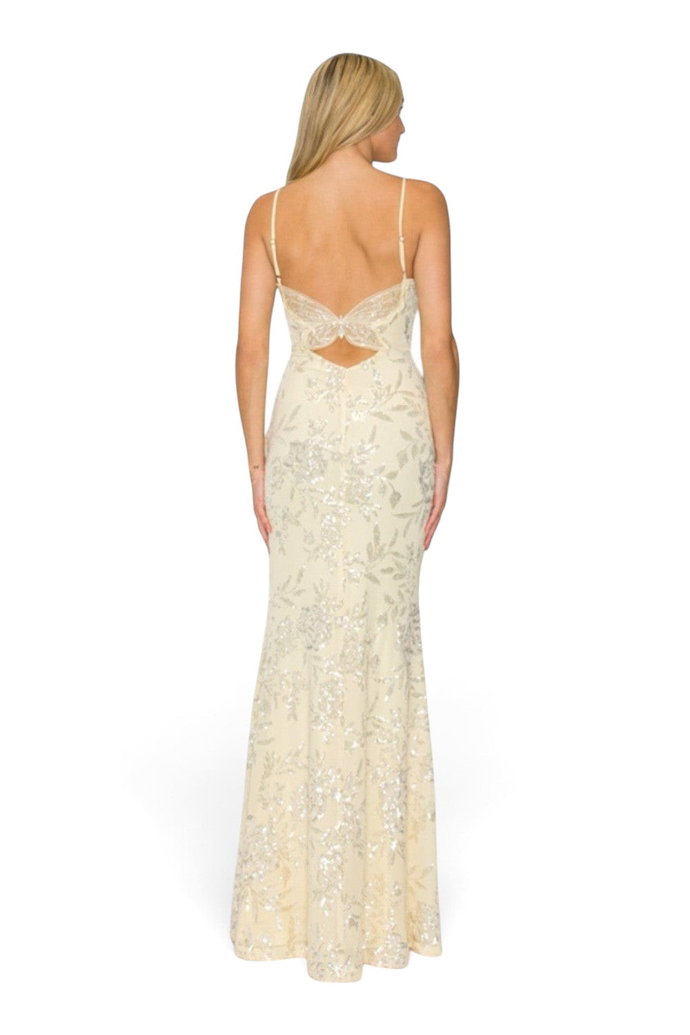 Pink shop by maf butter yellow mermaid gown with floral sequins, thin straps, and a butterfly cutout back detail