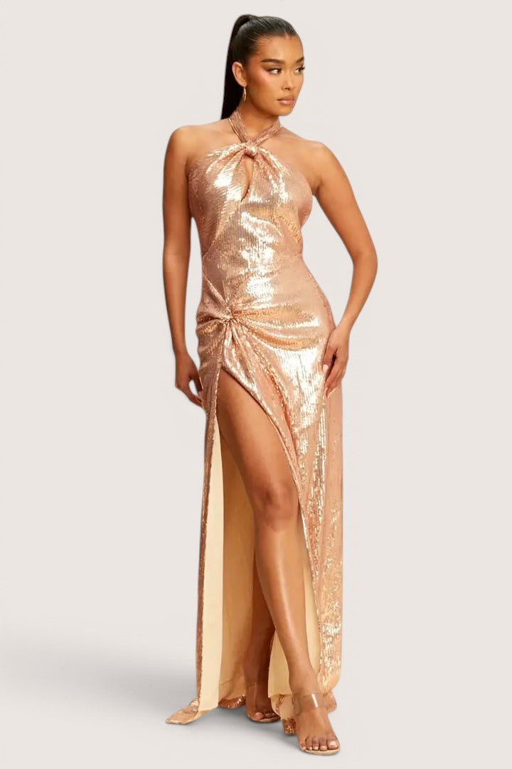 Vestido Largo Halter Oro Rosa Lentejuela