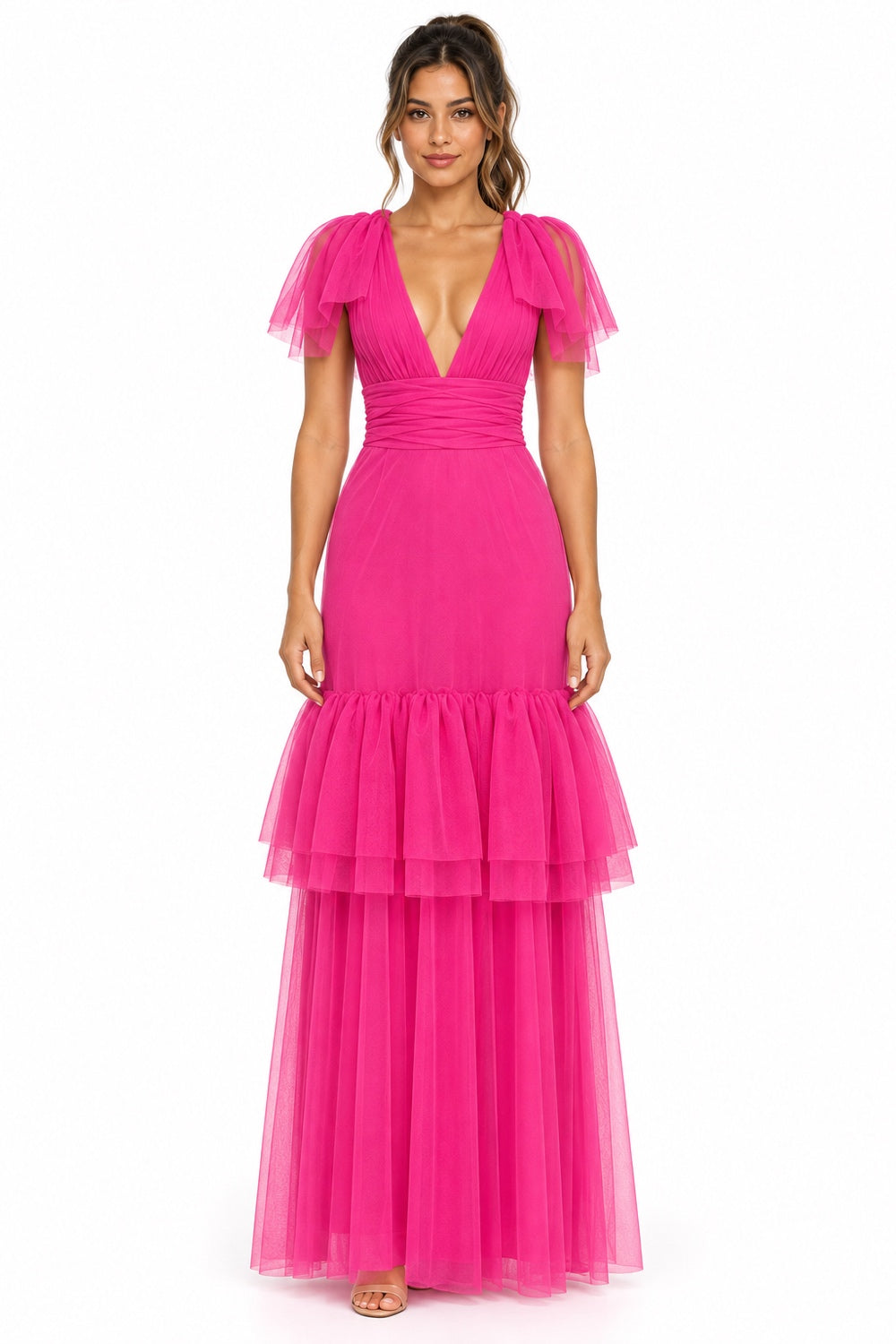 Pink Shop by MAF vestido largo de tul fucsia con olanes, vista 1