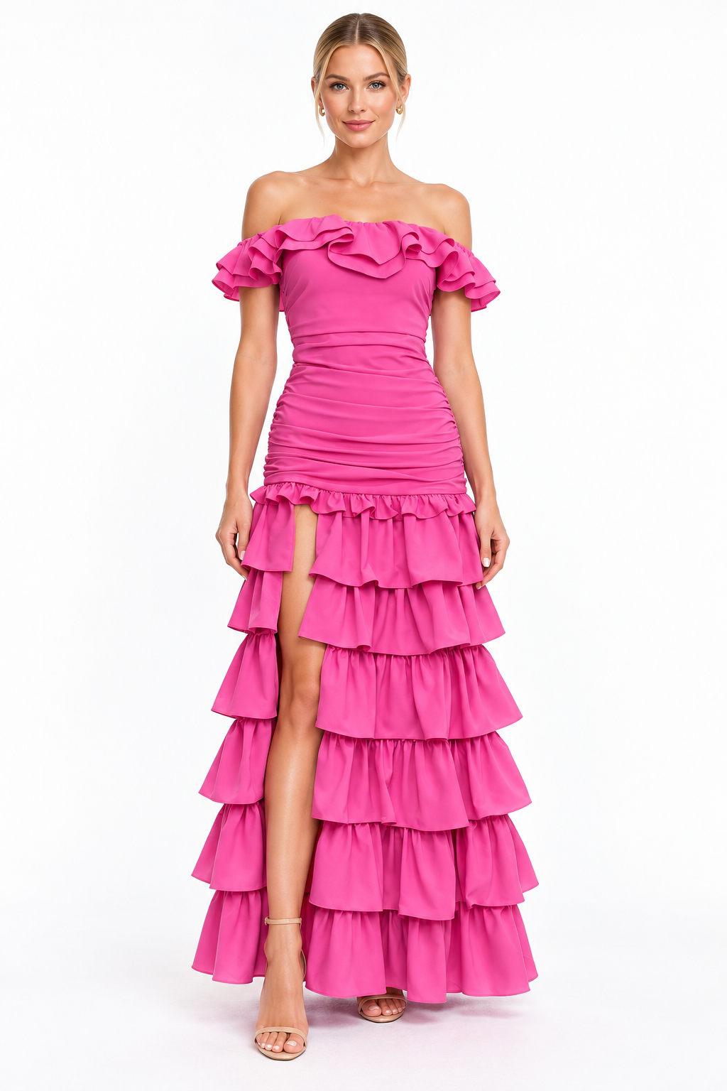 Pink Shop by MAF Vestido Largo de Olanes con Abertura rosa, vista 1