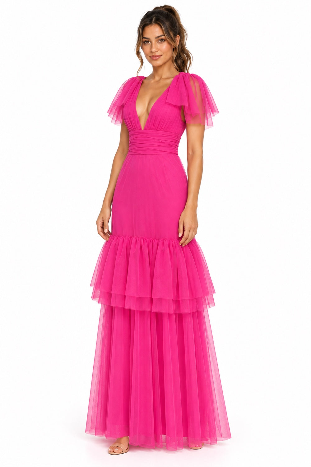 Pink Shop by MAF vestido largo de tul fucsia con olanes, vista 3