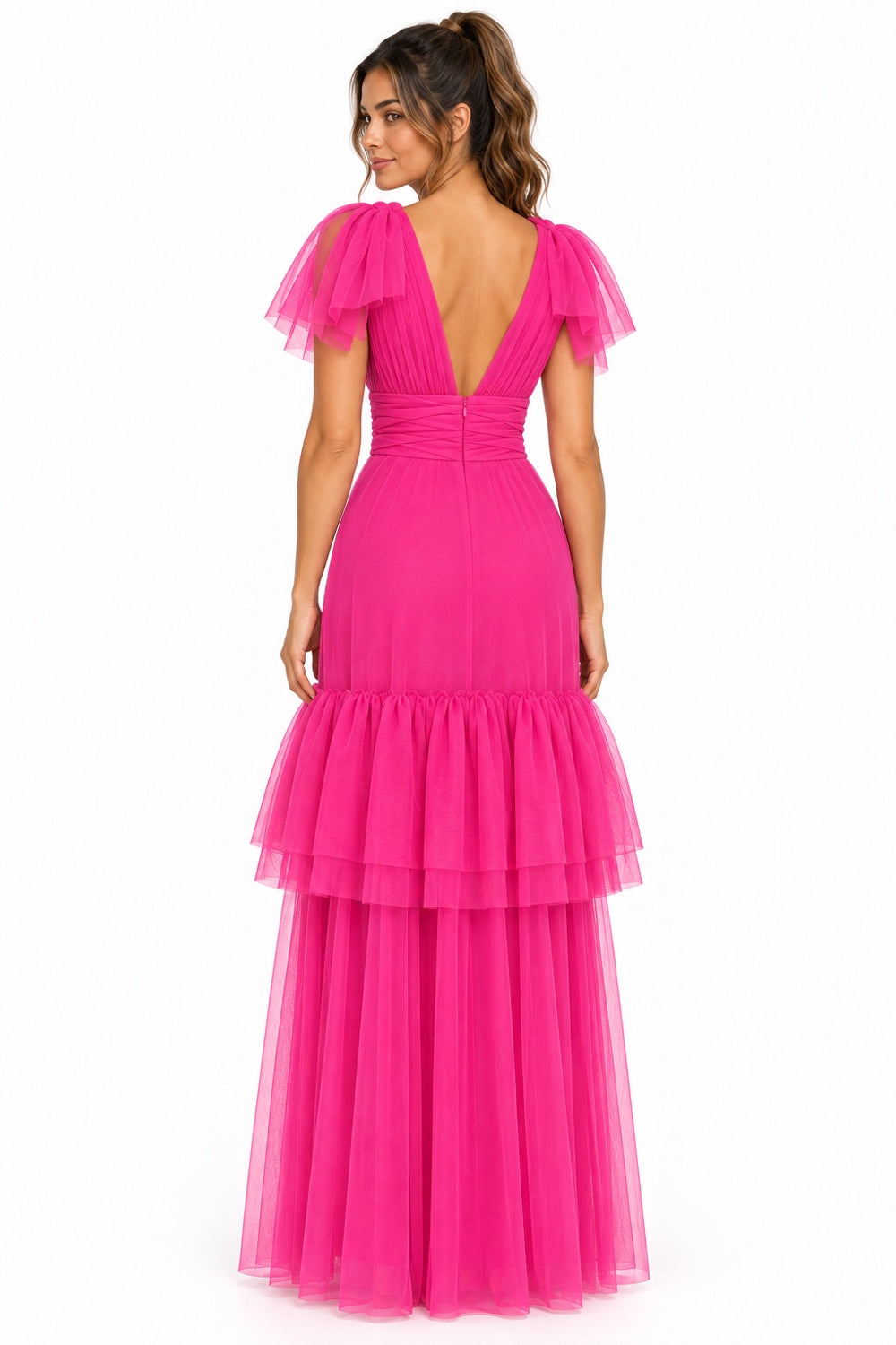 Pink Shop by MAF vestido largo de tul fucsia con olanes, vista 2