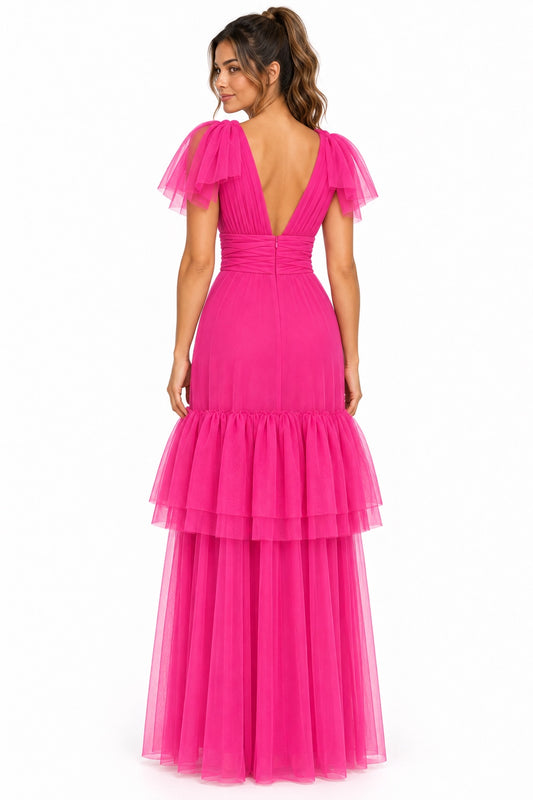 Pink Shop by MAF vestido largo de tul fucsia con olanes, vista 2