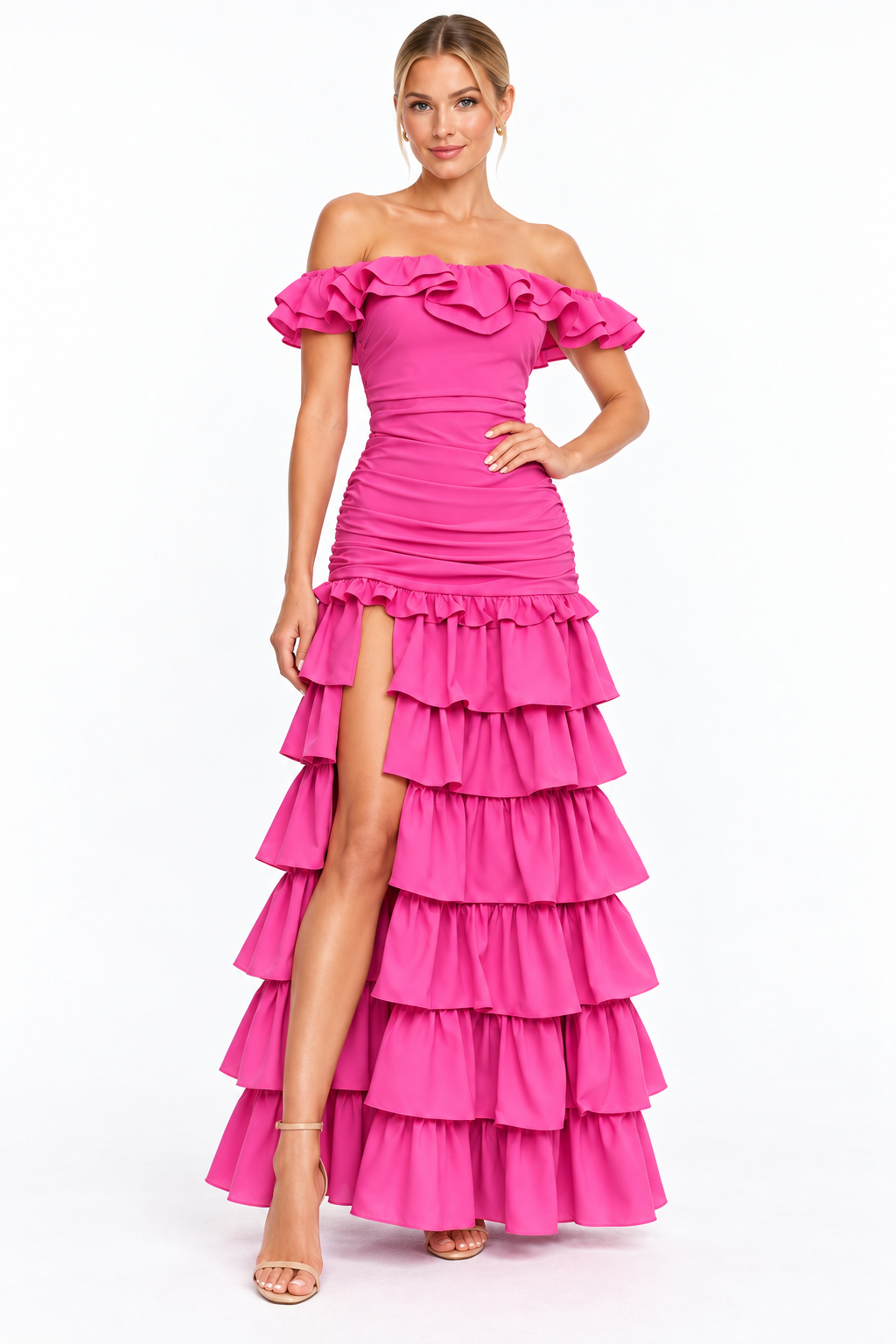 Pink Shop by MAF Vestido Largo de Olanes con Abertura rosa, vista 3