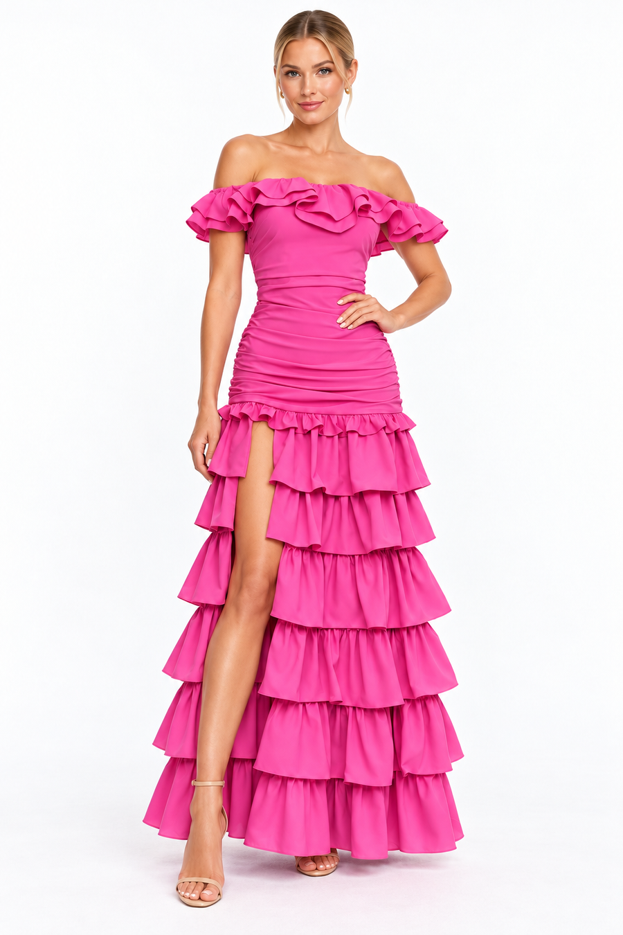 Pink Shop by MAF Vestido Largo de Olanes con Abertura rosa, vista 3