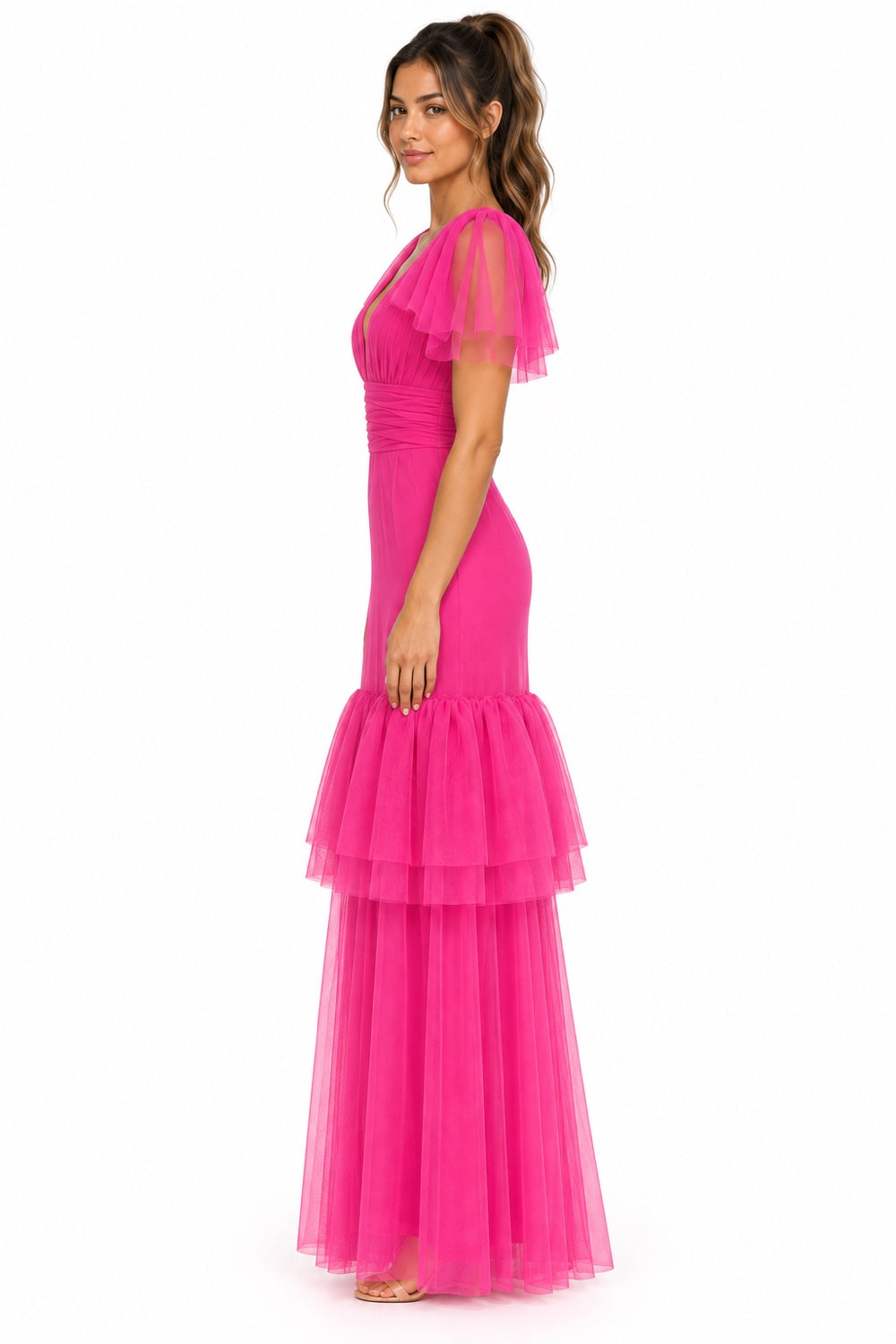 Pink Shop by MAF vestido largo de tul fucsia con olanes, vista 4