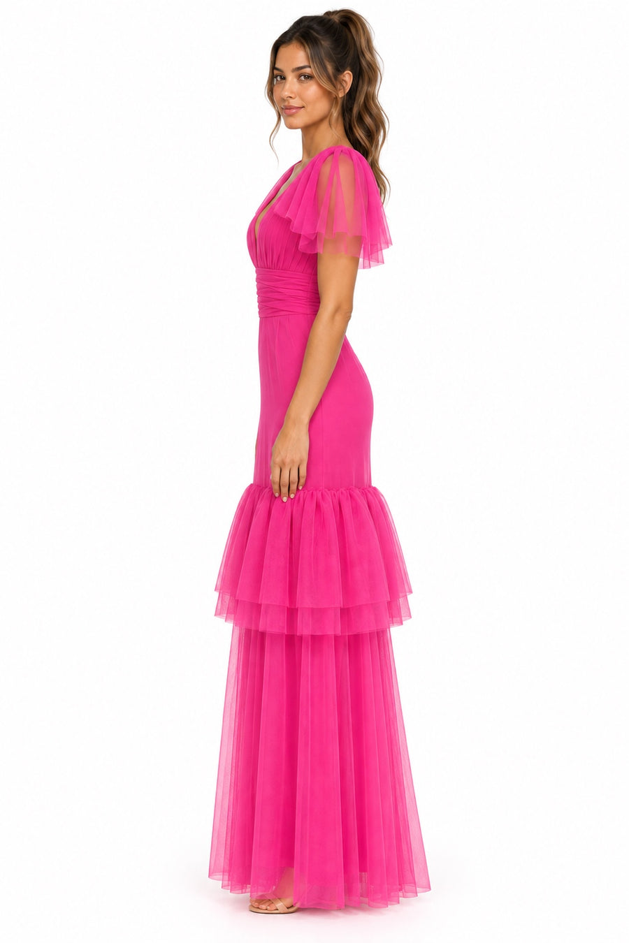 Pink Shop by MAF vestido largo de tul fucsia con olanes, vista 4