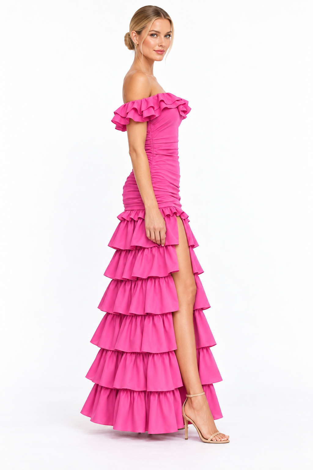 Pink Shop by MAF Vestido Largo de Olanes con Abertura rosa, vista 4