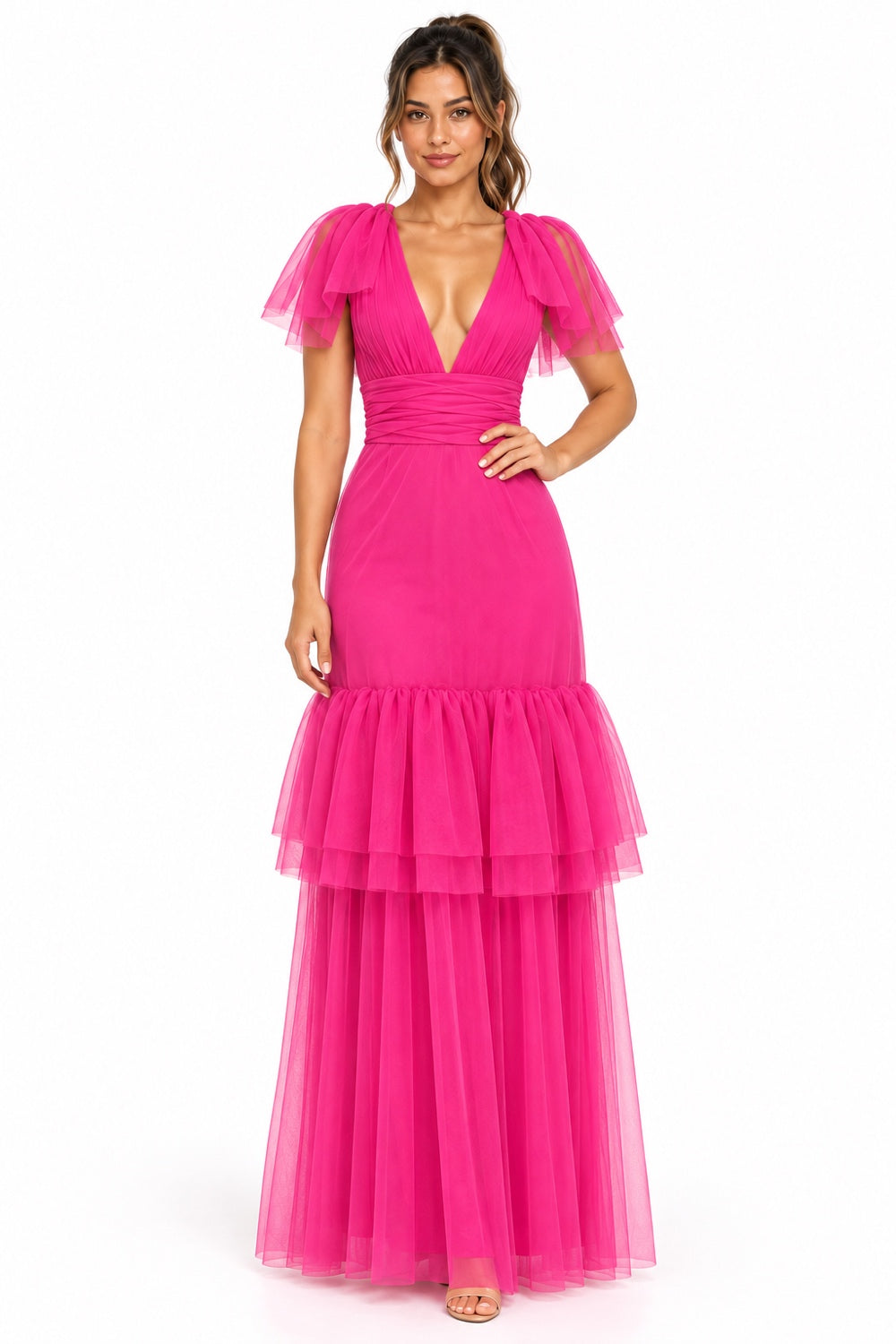 Pink Shop by MAF vestido largo de tul fucsia con olanes, vista 6