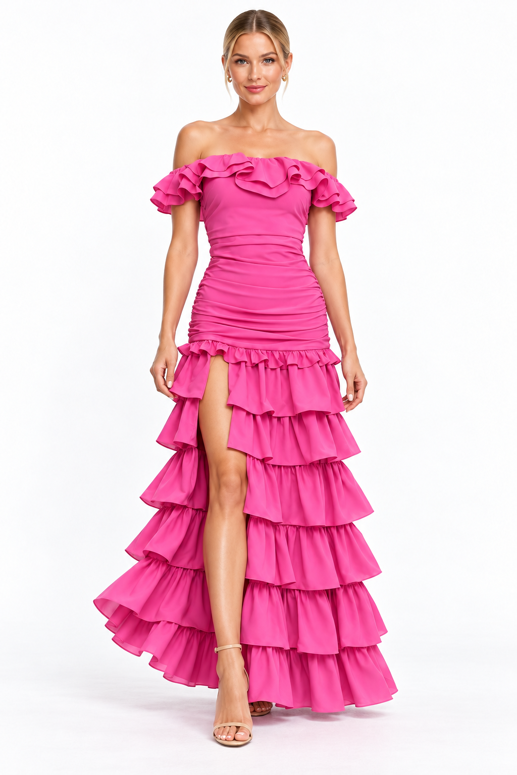 Pink Shop by MAF Vestido Largo de Olanes con Abertura rosa, vista 6