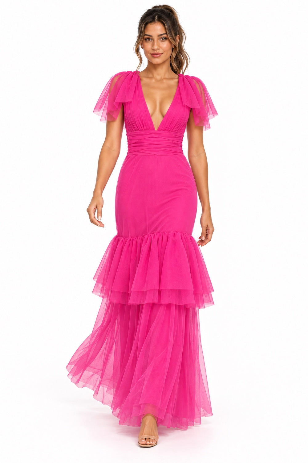Pink Shop by MAF vestido largo de tul fucsia con olanes, vista 7