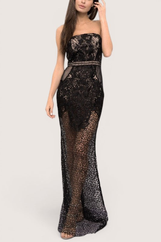 VESTIDO LARGO CROCHET STRAPLE NEGRO