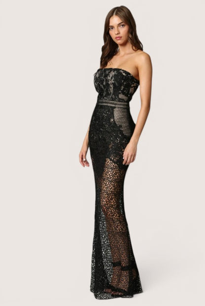 VESTIDO LARGO CROCHET STRAPLE NEGRO