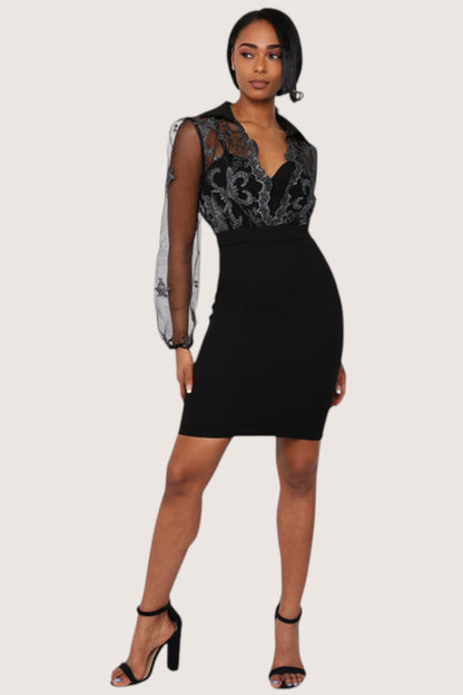 Vestido Corto Negro con Plata con Manga