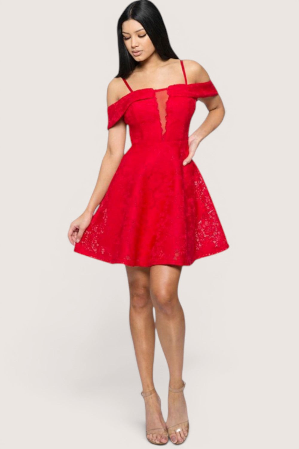 Vestido corto rojo en A medio hombro