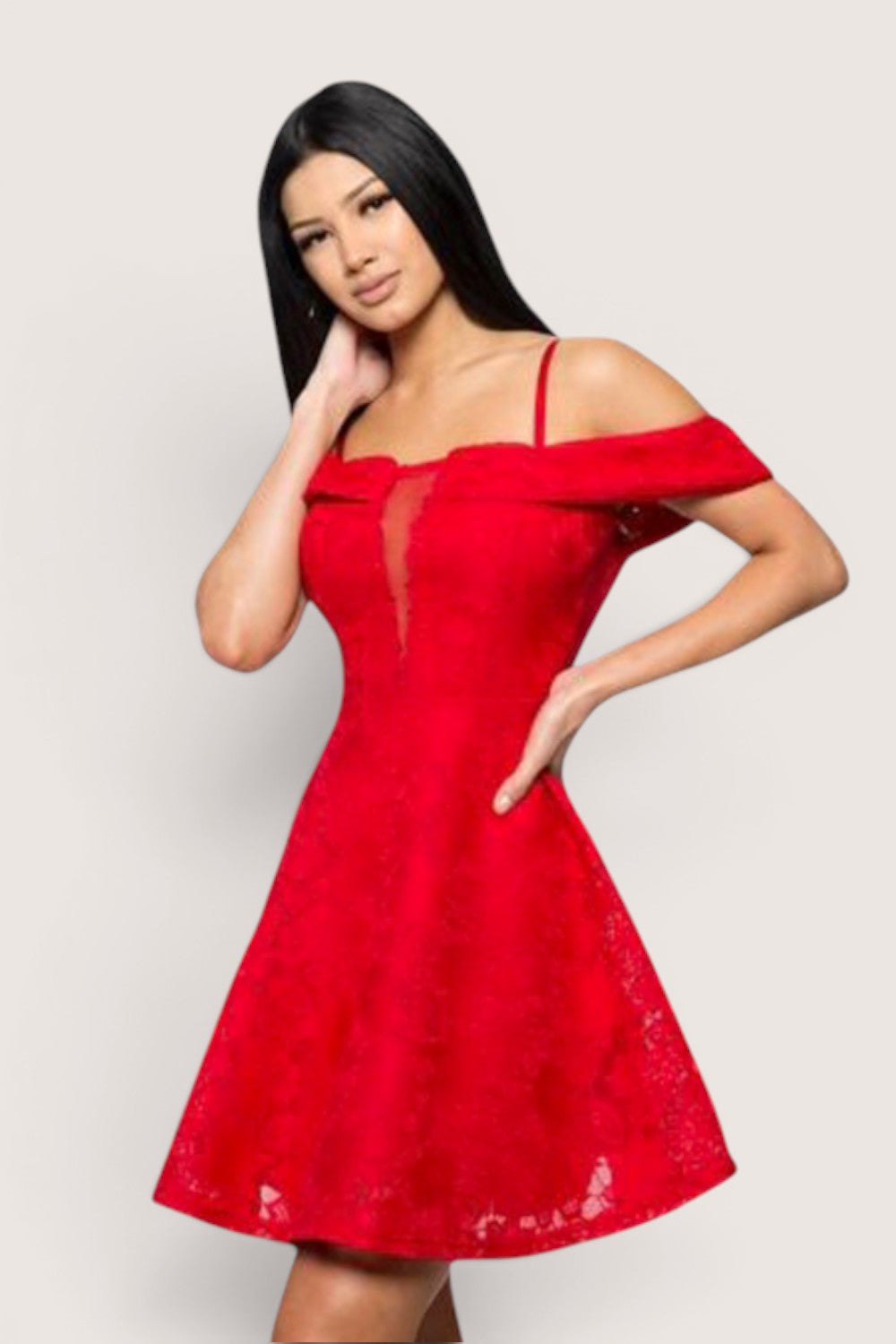 Vestido corto rojo en A medio hombro