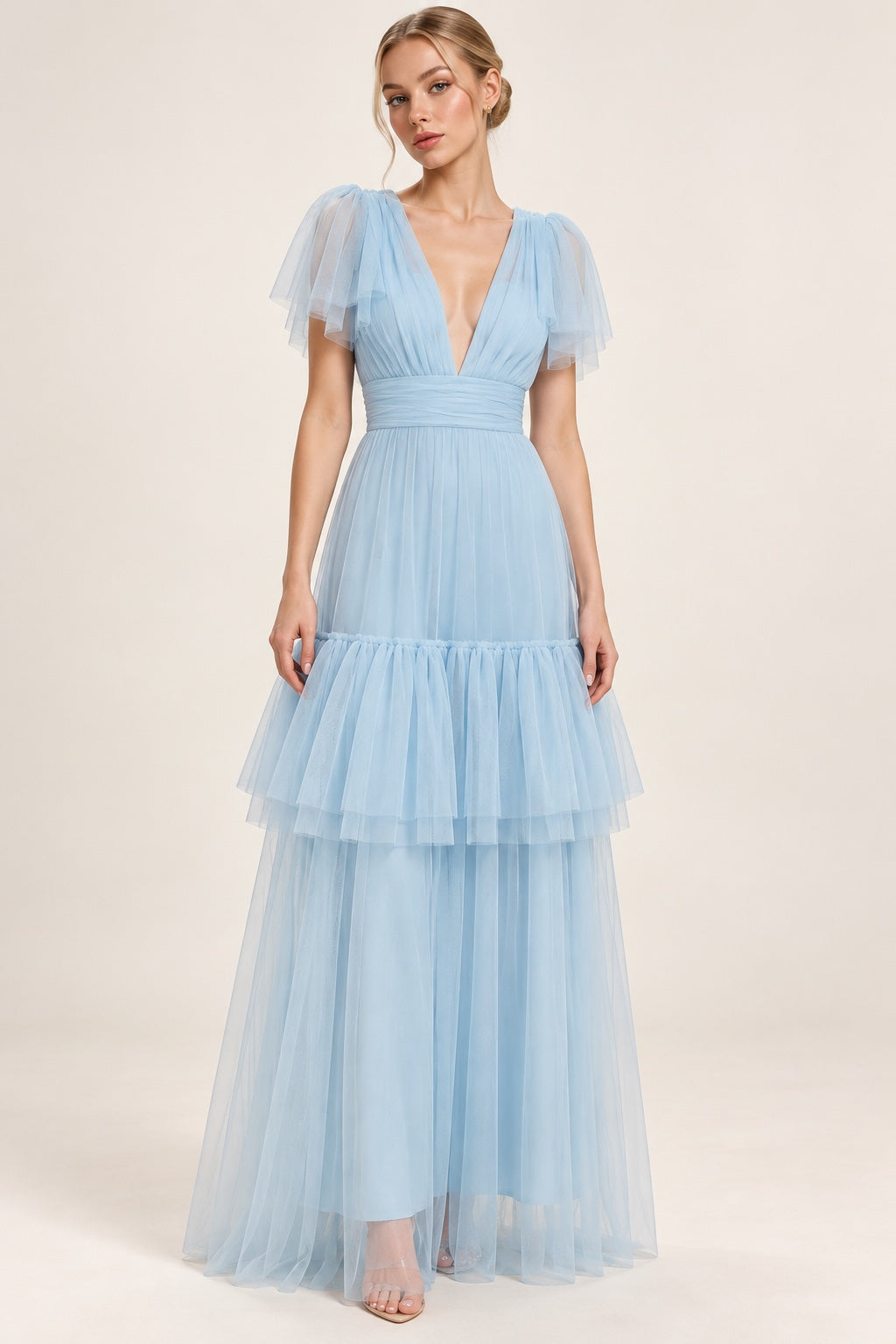 Vestido largo de tul azul cielo con olanes MV186 — frente