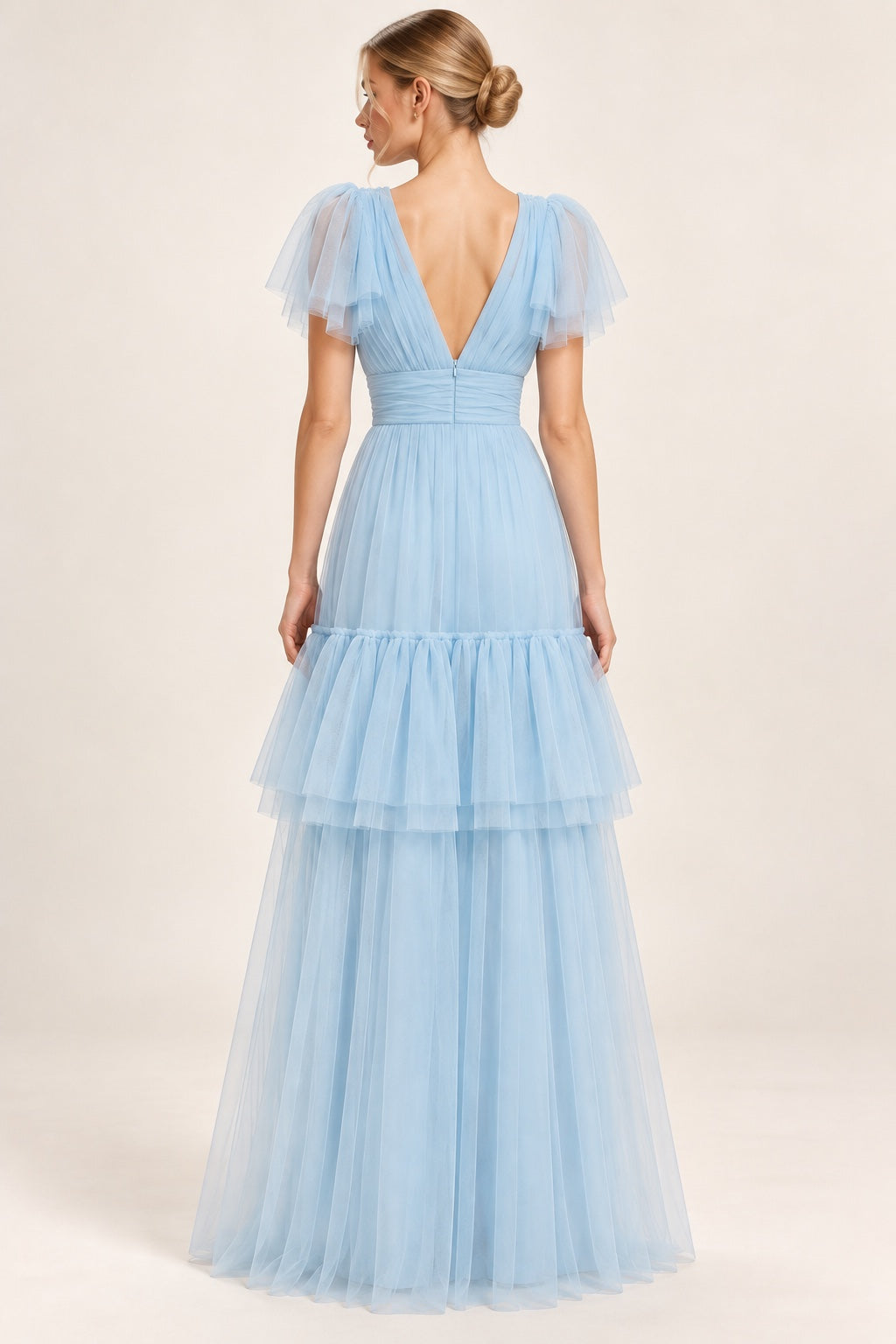 Vestido largo de tul azul cielo MV186 — espalda