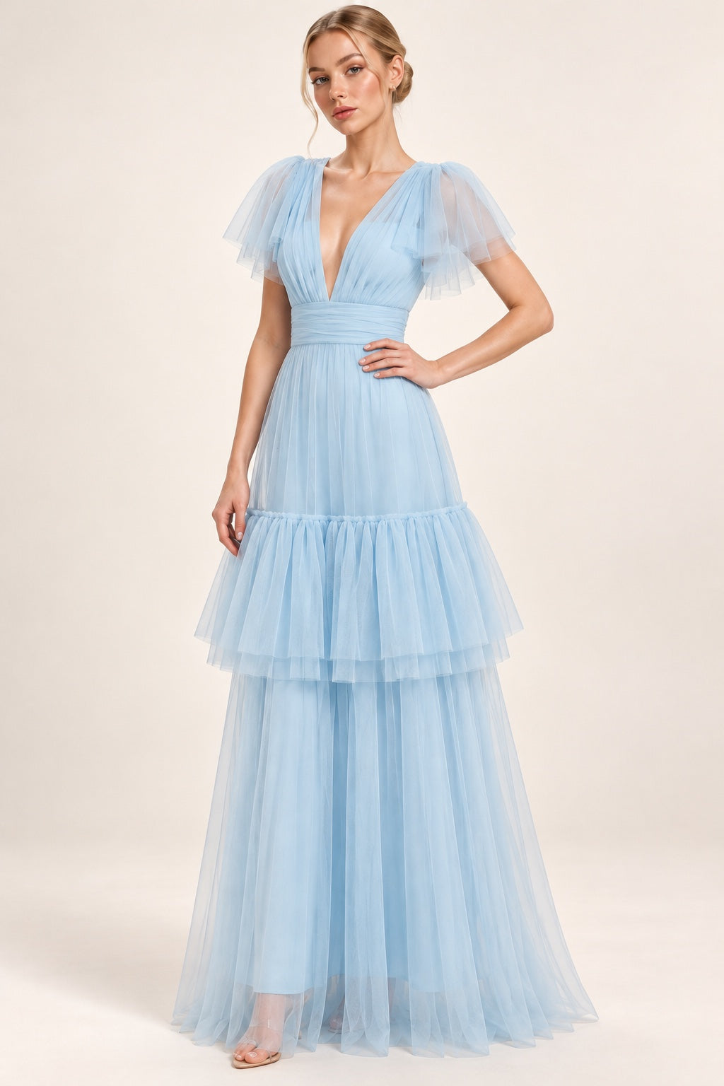 Vestido largo de tul azul cielo MV186 — pose