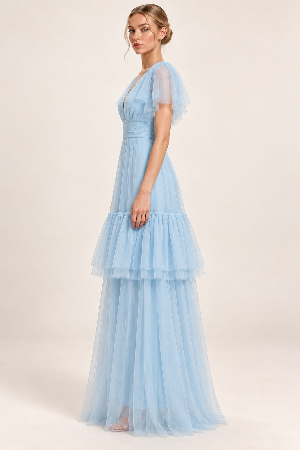 Vestido largo de tul azul cielo MV186 — costado
