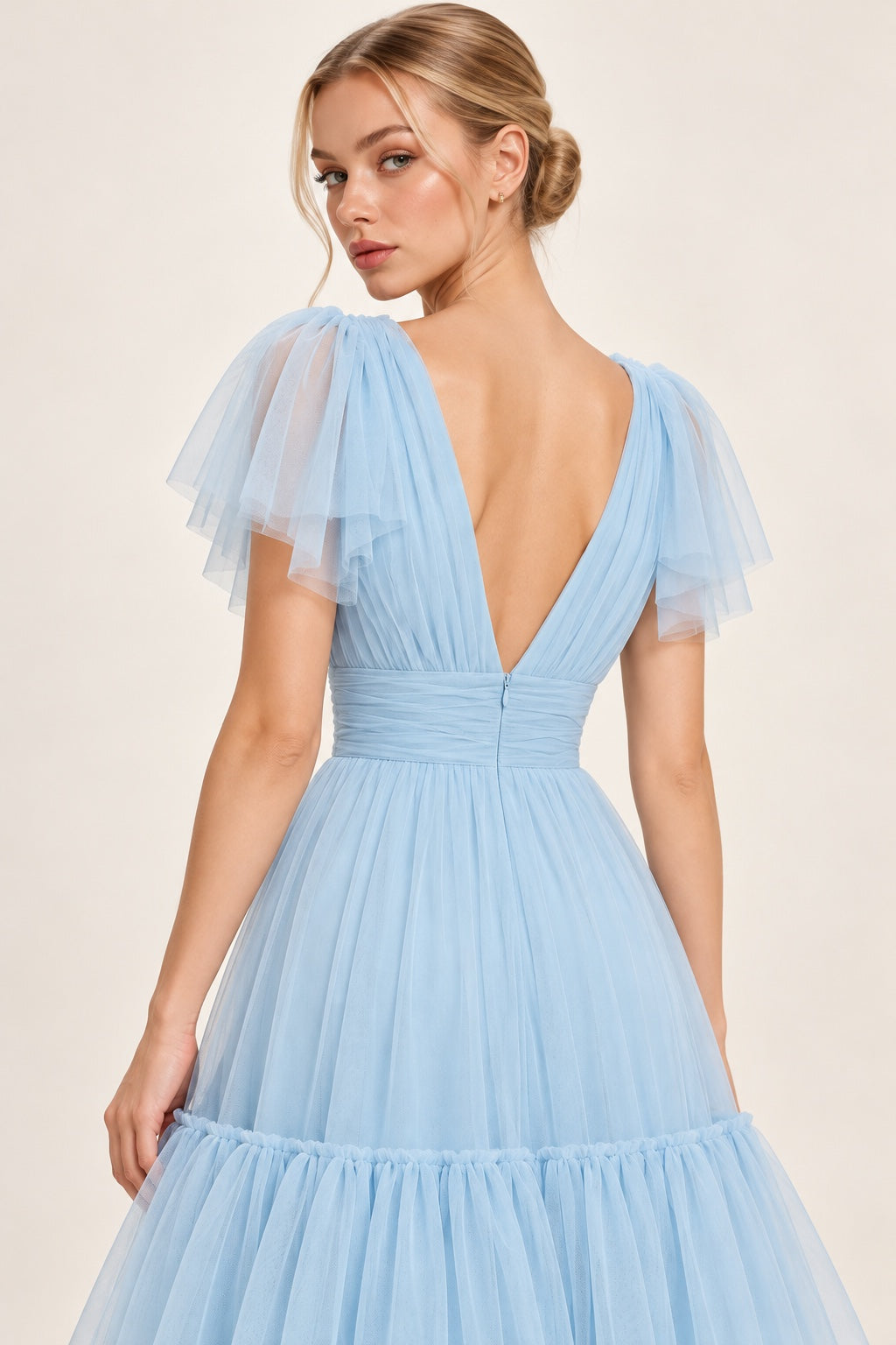 Vestido largo de tul azul cielo MV186 — detalle de la espalda